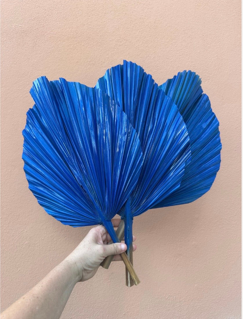 Royal Cobalt Blue Hand Painted Palm Leaves, Set of 3 Spear Leaves for Centerpiece Arrangements, Exotic Decoration, DIY Wedding Party Decor