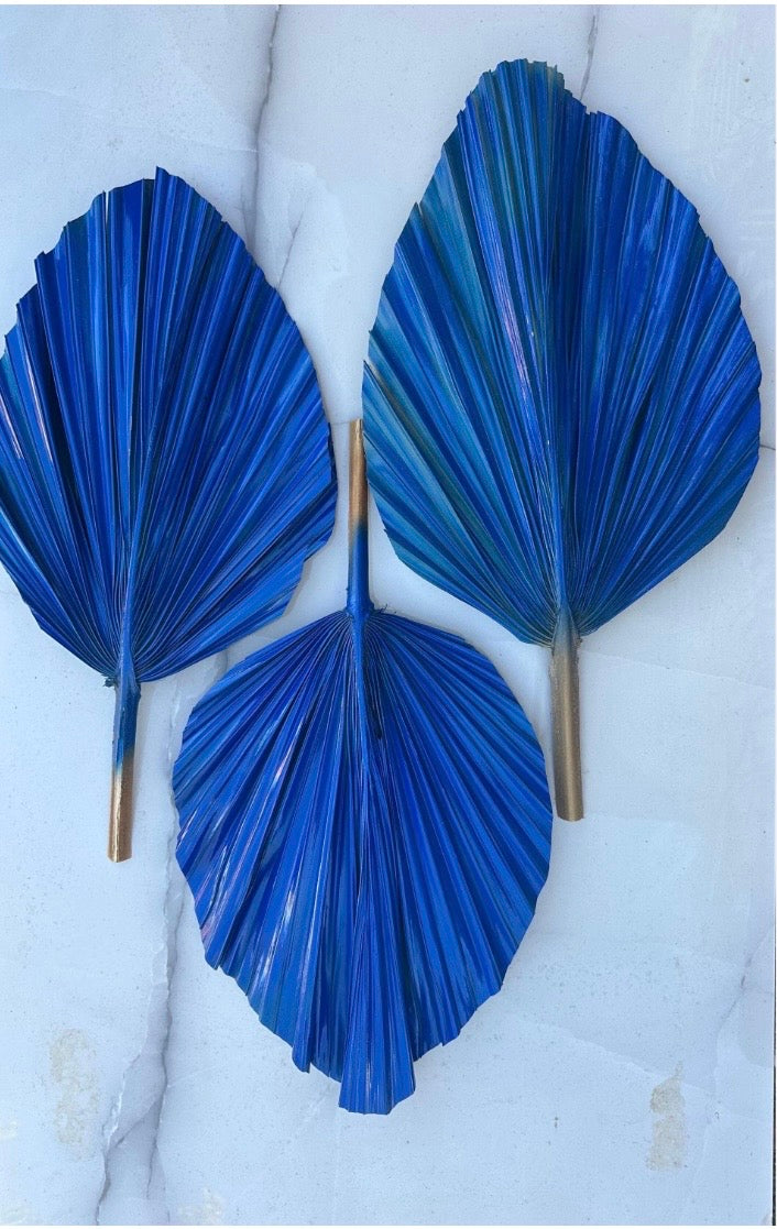 Royal Cobalt Blue Hand Painted Palm Leaves, Set of 3 Spear Leaves for Centerpiece Arrangements, Exotic Decoration, DIY Wedding Party Decor