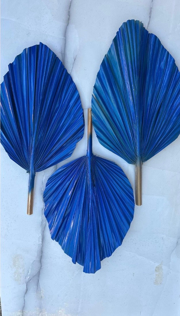 Royal Cobalt Blue Hand Painted Palm Leaves, Set of 3 Spear Leaves for Centerpiece Arrangements, Exotic Decoration, DIY Wedding Party Decor