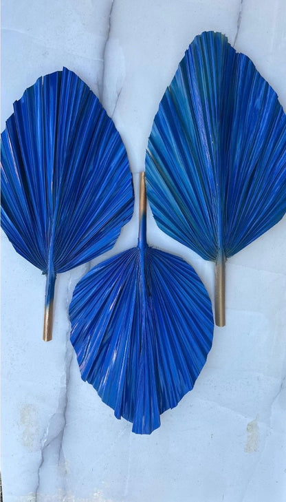 Royal Cobalt Blue Hand Painted Palm Leaves, Set of 3 Spear Leaves for Centerpiece Arrangements, Exotic Decoration, DIY Wedding Party Decor