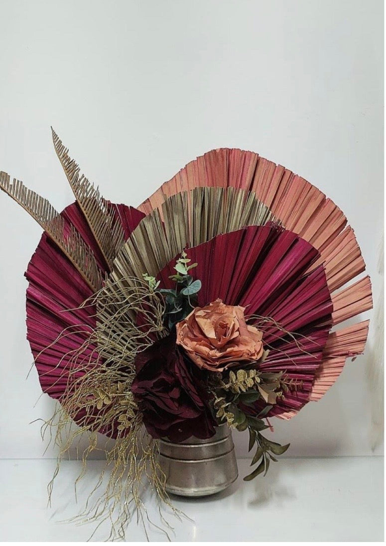 NEW! Burgundy Red Hand Painted Leaves Set, 3 Piece Dried Palm Spear Frond Leaf, Nature Inspired Apartment Decor, DIY Wedding Arrangements