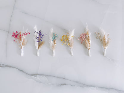 Pampas Grass+Baby’s Breathe+Bunny Tails+Pink+Blue+Cream+Purple+Red+ Yellow+Leaf Boutonniere, Spring Wedding, Summer Wedding Boutonniere, Wedding Boutonniere, Groomsmen Boho Boutonniere