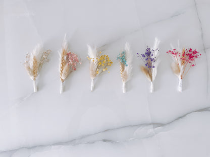 Pampas Grass+Baby’s Breathe+Bunny Tails+Pink+Blue+Cream+Purple+Red+ Yellow+Leaf Boutonniere, Spring Wedding, Summer Wedding Boutonniere, Wedding Boutonniere, Groomsmen Boho Boutonniere